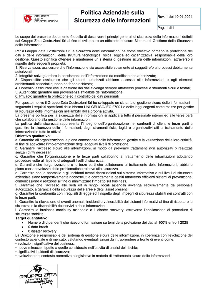 Politica sicurezza delle informazioni - GZC impresa edile Frosinone